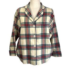 Sleepy Jones Marina Plaid Brushed Cotton Twill Pajama Shirt Top Ivory